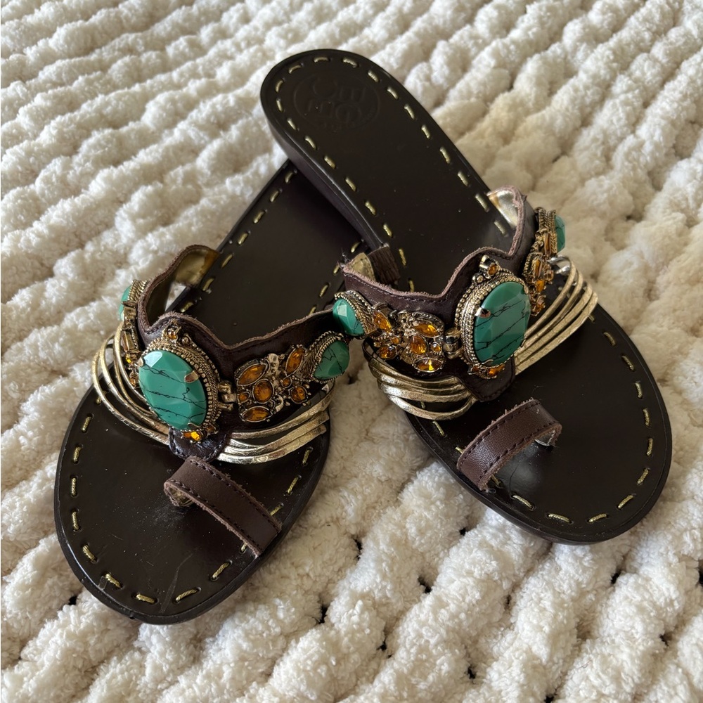 BCBG Brown and Green Sandals with Ornate Straps